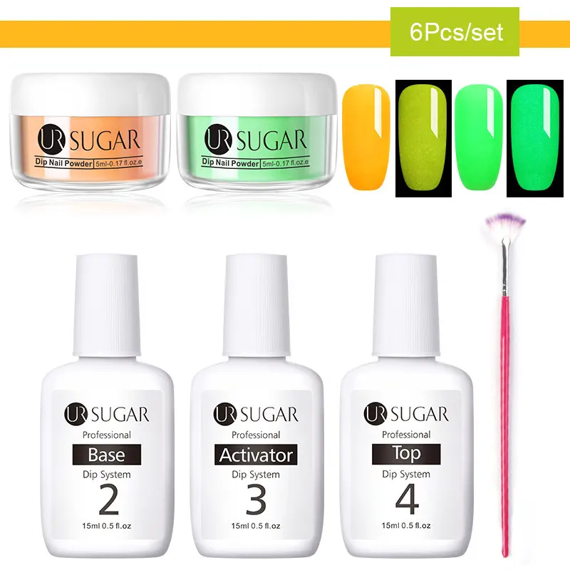 6Pcs set 5 Ur Sugar 6 шт./компл. световой Dip порошок для ногтей базовый топ акриловая жидкая пудра погружения комплект резьба нейл-арта украшения для маникюра - Цвет: 6Pcs set 5