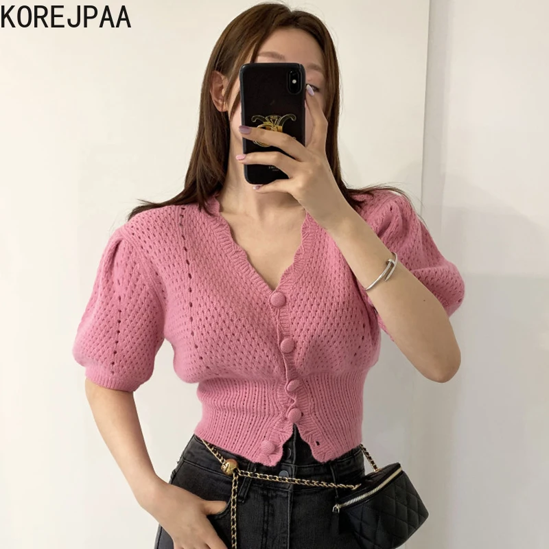 

Korejpaa Women Jacket 2021Korea Chic Fashion Elegant V-neck Hollow Slim Single-breasted Short Bubble Sleeve Sweaters Coat Top