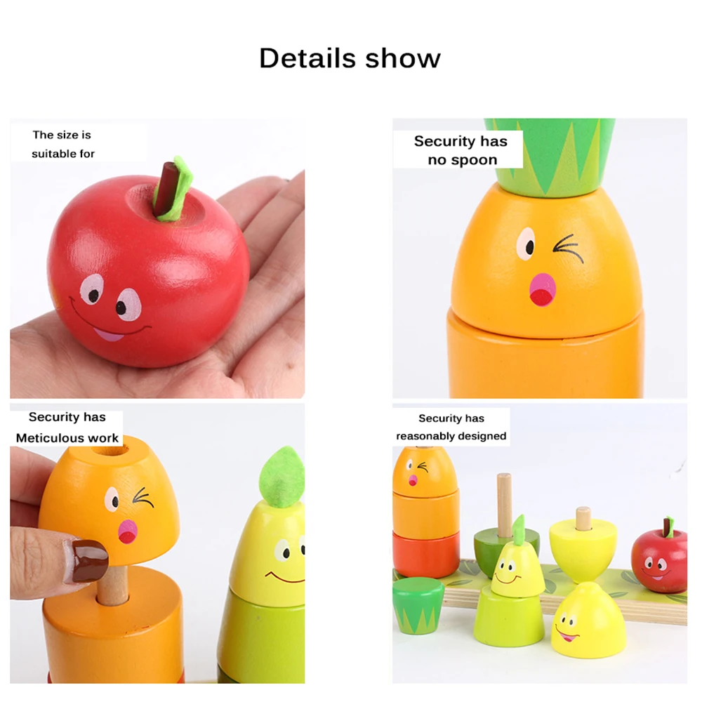 

Cartoon Fruit Stacking Blocks Wooden Piles Tower Building Block Shape Matching Toy Baby Montessori Educational Math Toys Gifts
