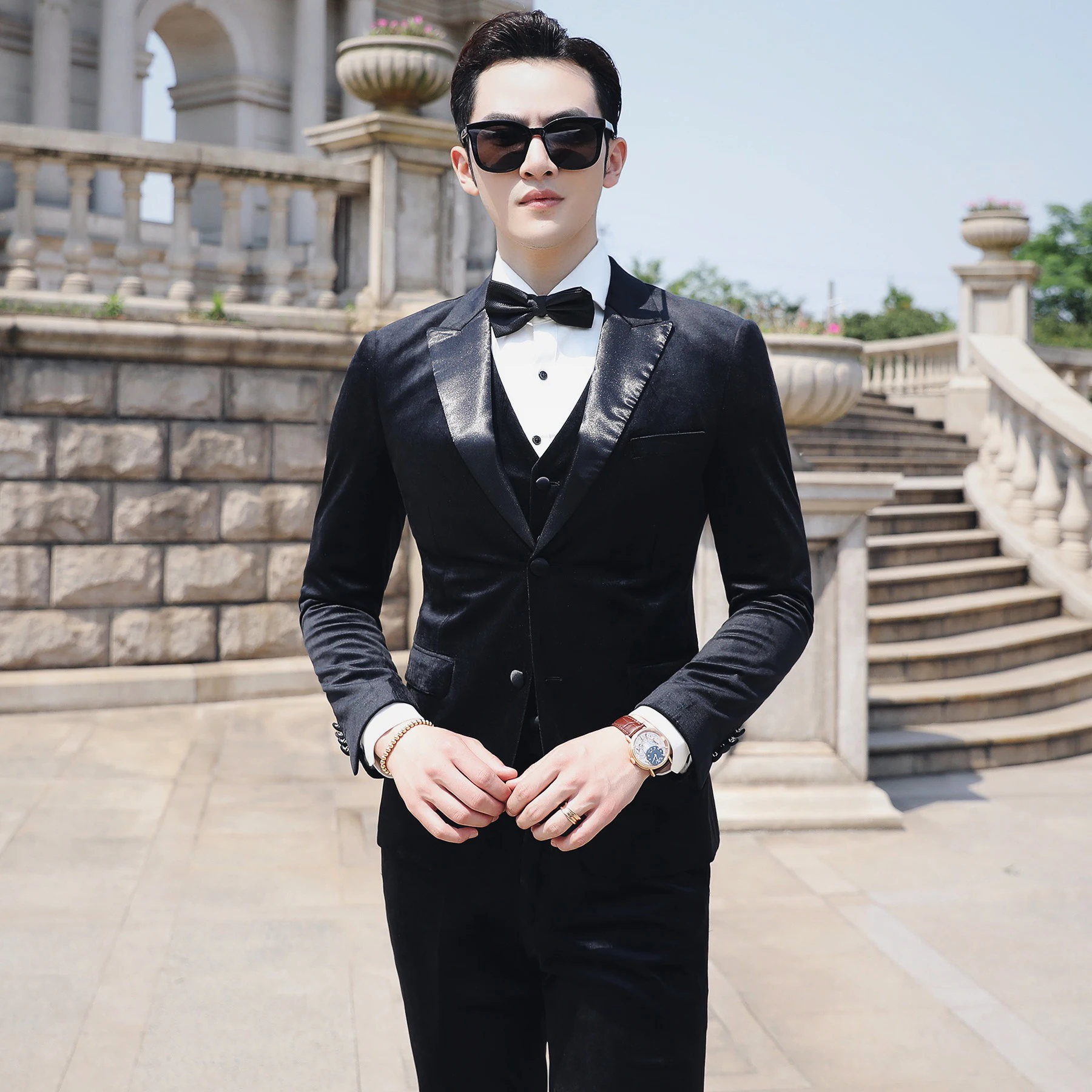 Зимние Бархатные мужские костюмы платье толстый винно красный черный