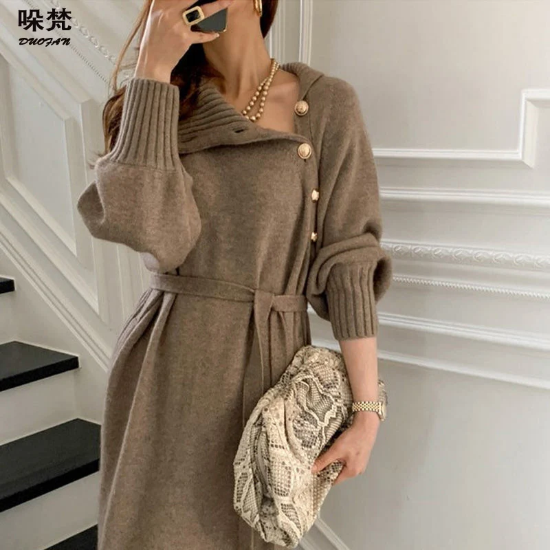 

DUOFAN Long Women Knitted Sashes Dress Winter Oversize Elegant Dress Spring Sweater Turtleneck Knitwear Robe 2021 Lady Clothes