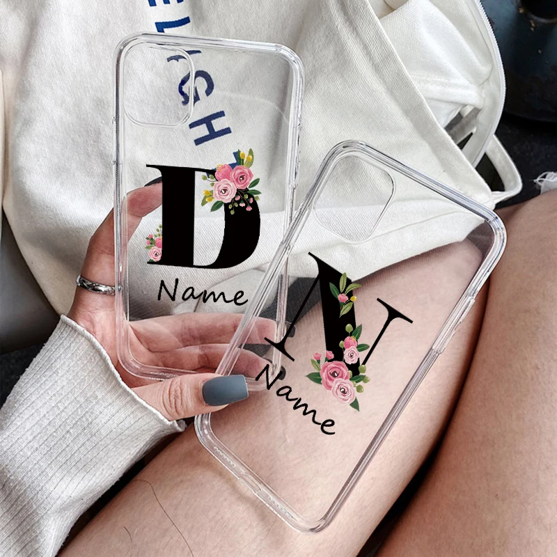 flowers diy for iphone 11 12 13 pro mini custom capital letters name phone case for x xs max xr 7 8 plus se new silicone cover free global shipping