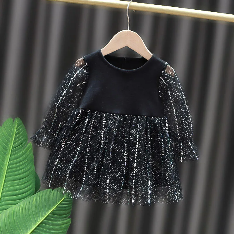 

Милое Сетчатое платье для маленьких девочек, весеннее детское платье с длинным рукавом и круглым вырезом, Модное бальное кружевное платье д...