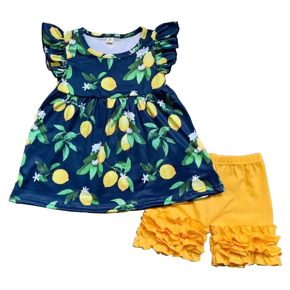 

Boutique girl clothes flutter sleeve and shorts lemon print summer outfit for baby girls clothing set