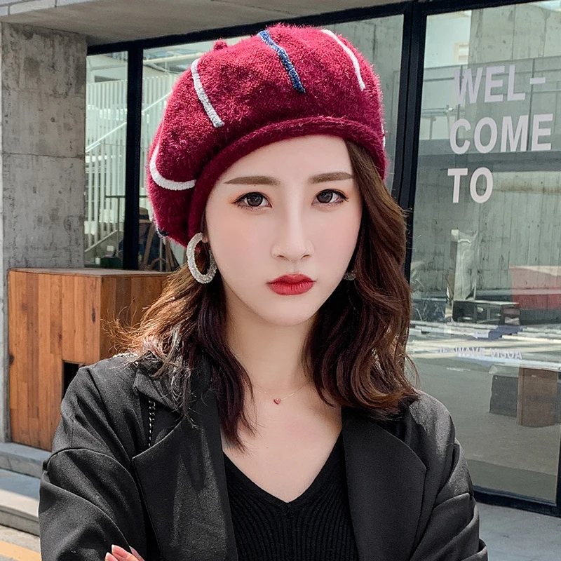 Шапка-бини Женская плюшевая теплая шапка-полосатый берет из смешанной норки