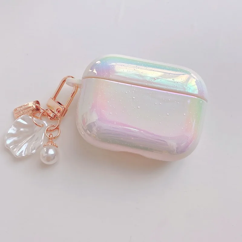 

Rainbow Laser hard case for Apple Airpods Pro 1 2 case protective cover Bluetooth Wireless Earphone Case with Pearl pendant