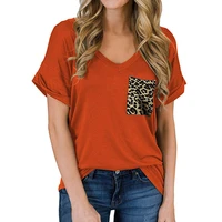 2021 summer fashion v neck leopard pocket t shirt women curled short sleeve casual loose tee top modal cotton tshirt