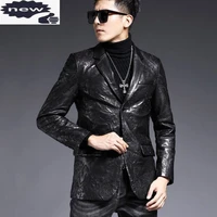luxury business men sheepskin suit blazer coat man office party slim fit floral embroidery genuine leather jacket