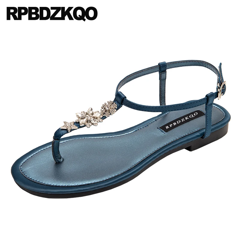 синий дамы женщины сандалии плоские лето 2018 дешево горный хрусталь T ремешок