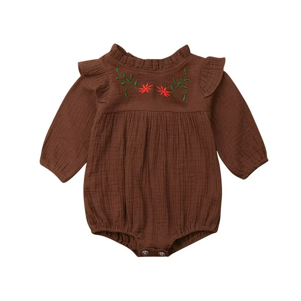 Dark Brown Коллекция года, весенне-осенняя одежда для малышей комбинезон с длинными рукавами для новорожденных мальчиков и девочек хлопковый комбинезон с вышитыми цветами - Цвет: Dark Brown