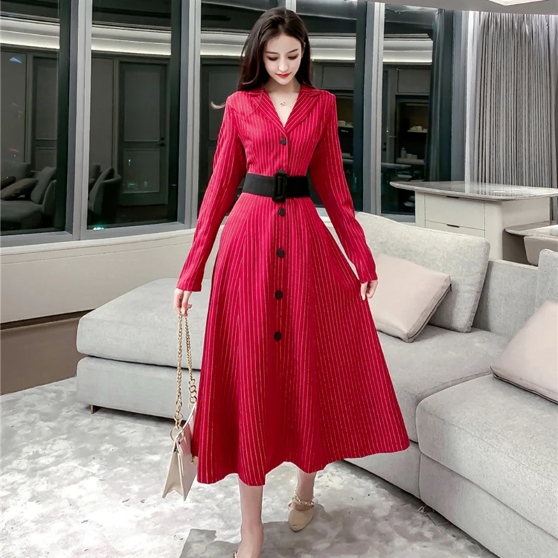 

Winter Autumn Red Striped Bodycon Midi Dress Women Korean Solid Fashion Elegant Dress 2022 New Office Lady Casual Party Vestidos