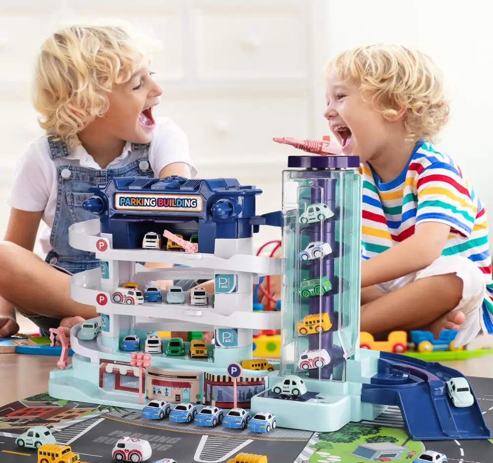 

Games for Kids Electric Track Car Parking Toy Building w/ 4 Miniature Diecast Toy Cars Educational Toys for Children Boys