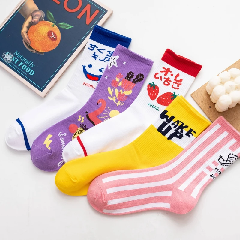 

Autumn winter cotton socks ladies cartoon white strawberry purple swan smiley face puppy street hundred harajuku tide long socks
