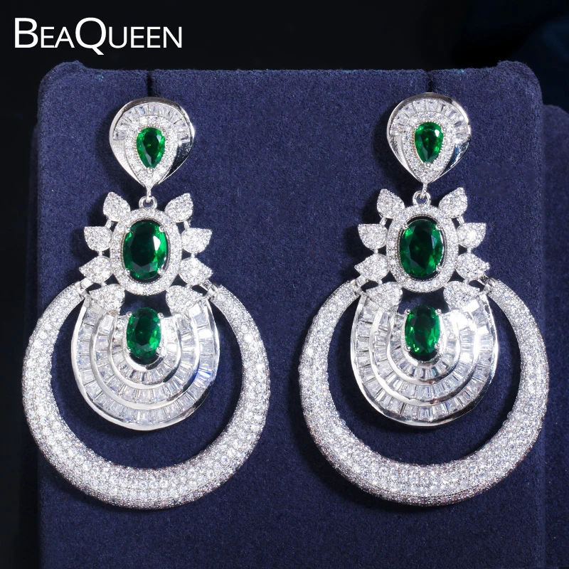 

BeaQueen Stunning Green Oval Cubic Zircon Micro Full CZ Crystal Dubai Women Wedding Party Big Drop Earrings Costume Jewelry E376