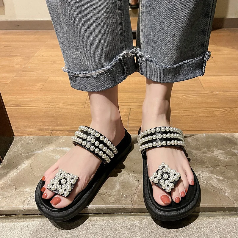 

Med Shoes Woman 2021 Rubber Flip Flops Slippers Casual String Bead Pantofle Shale Female Beach Hawaiian Luxury Flat New Sabot