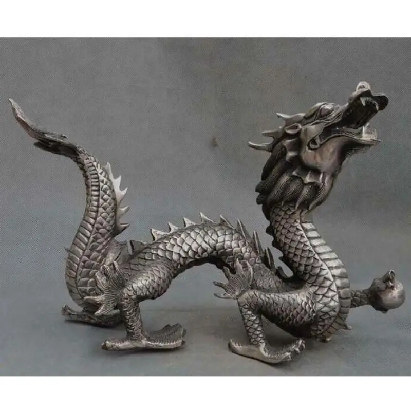 

12"Chinese Fengshui Silver Zodiac year Animal Auspicious Dragon lucky Statue