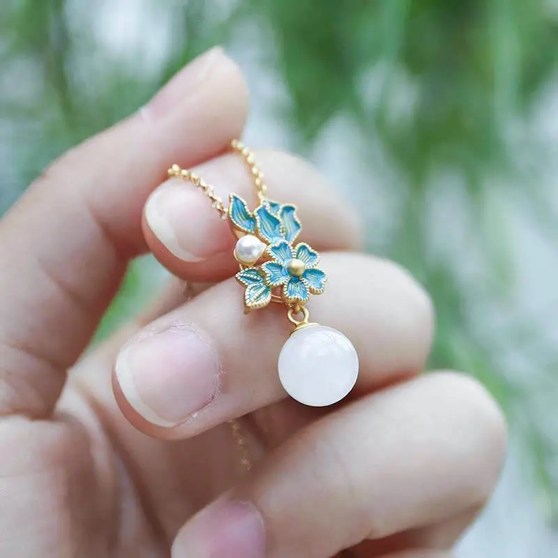 

[Jingwei] Natural Hetian Jade Female Pendant 925 Silver Carved Pearl Retro Artistic and Ancient Style Ethnic Style Necklace