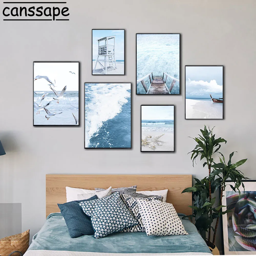 

Seagull Art Print Sea Landscape Canvas Painting Blue Ocean Beach Wall Art Posters Nordic Wall Pictures For Living Room Decor