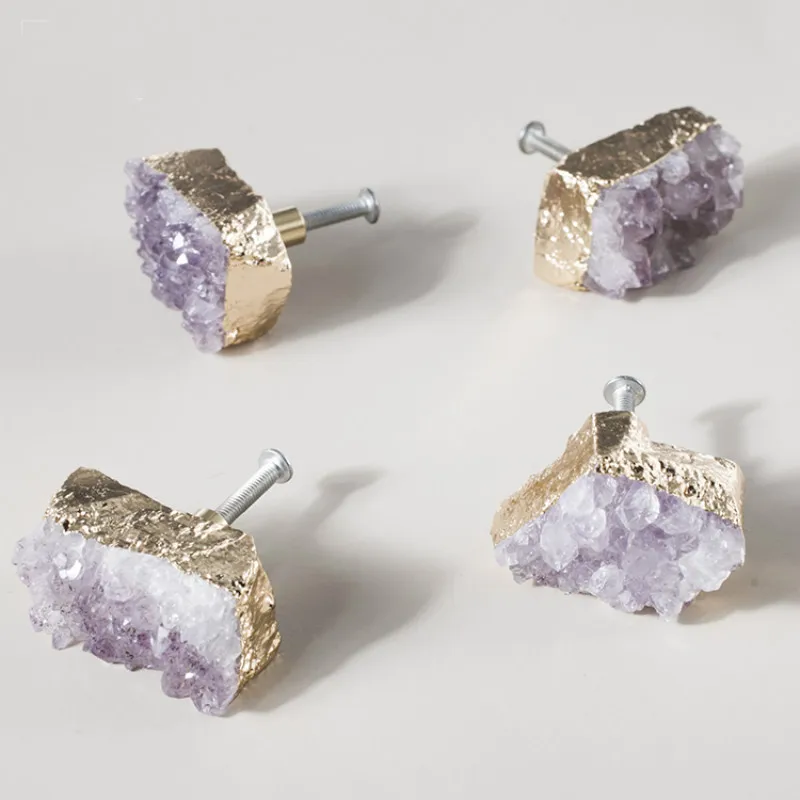 Ручки из латуни с натуральным аметистом в скандинавском стиле золотая для шкафа