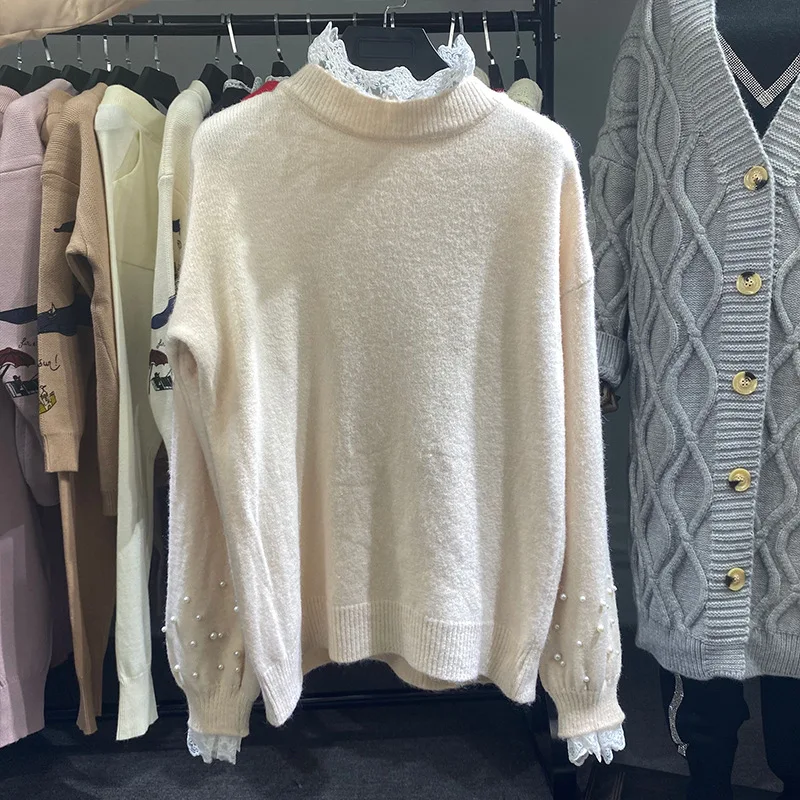 

Женский свитер с жемчужными кружевами, элегантный пуловер на манжетах, весна 2021