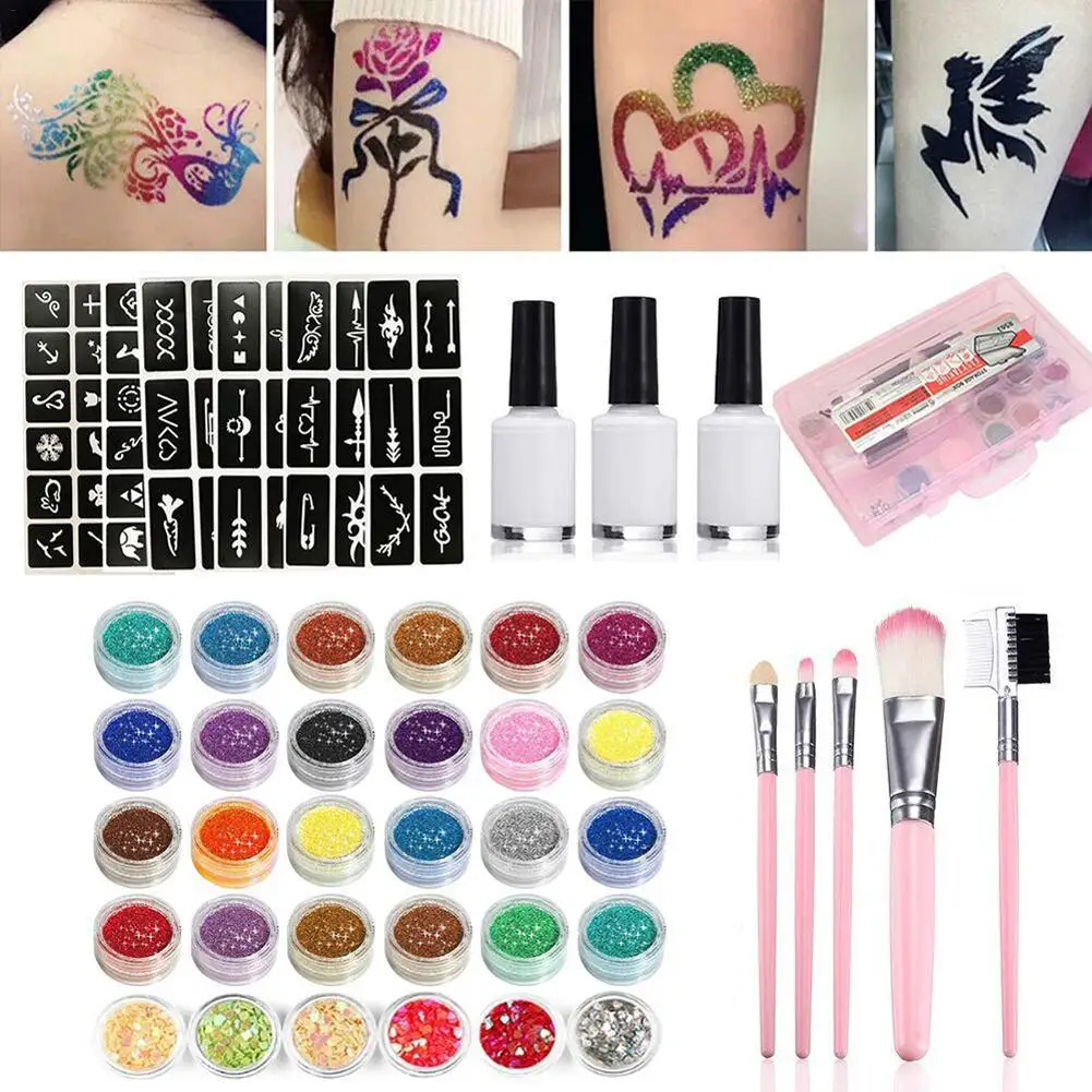 

Glitter Tattoo Kit New Flash Temporary Tattoo Set 30 Flash Powder 60 Templates 3 Glues 5 Brushes Kid Face Body Painting Art Tool