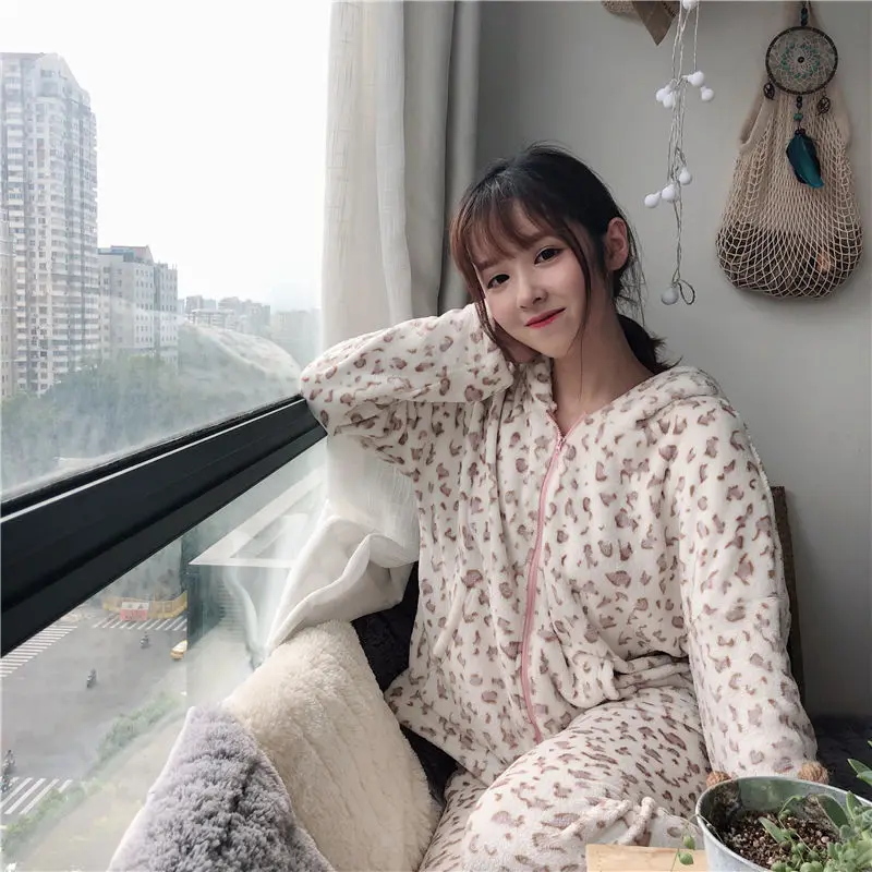 

QWEEK Flannel Women's Pajamas Winter Hooded Sleepwear Leopard Velvet Pijama Cute Warm Loungewear Pyjamas Thicken Trouser Suits