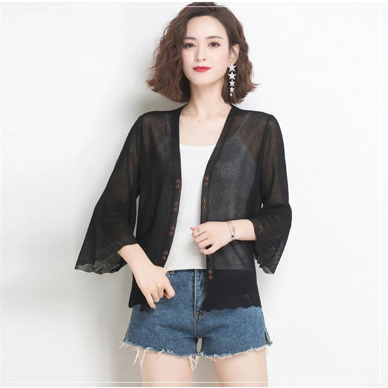 Женский открытый кардиган с V-образным вырезом и расклешенными рукавами - купить