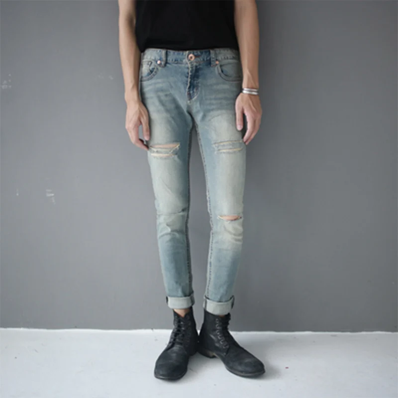 IKnee мужские джинсы с дырками спереди и сзади облегающий мужской ретро-светильник