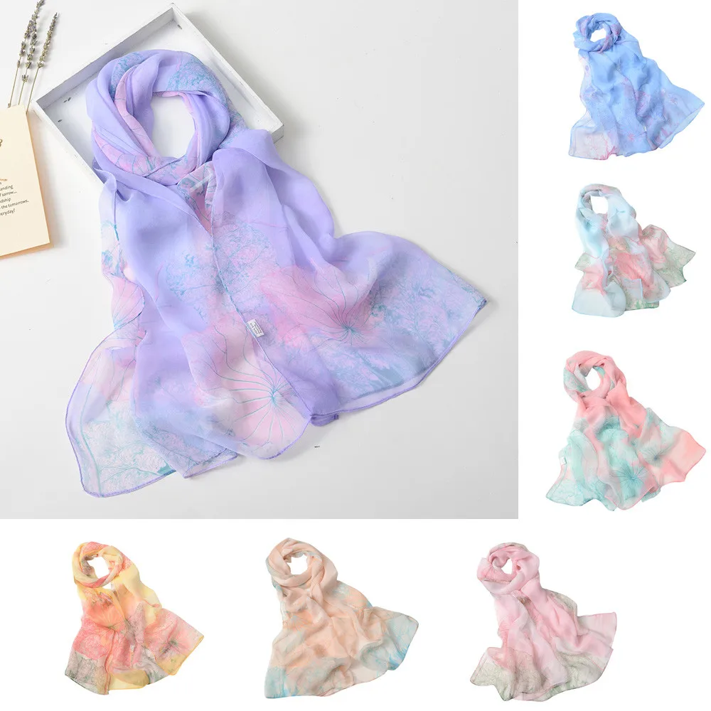 

2021 New Women Scarves Lotus Printing Scarf Fashion Long Soft Wrap Ladies Shawl Silk Scarves For Women Neckerchief