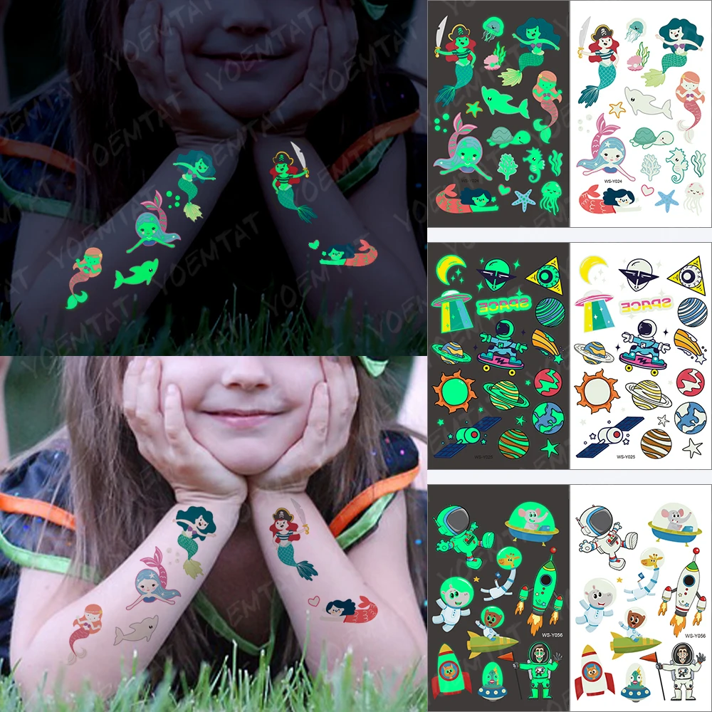

Mermaid Ocean Whale Dolphin Space Astronaut Planet Boy Girl Child Tatu Body Art Glitter Tattoo Kids Transfer Tatoo Luminous 2021