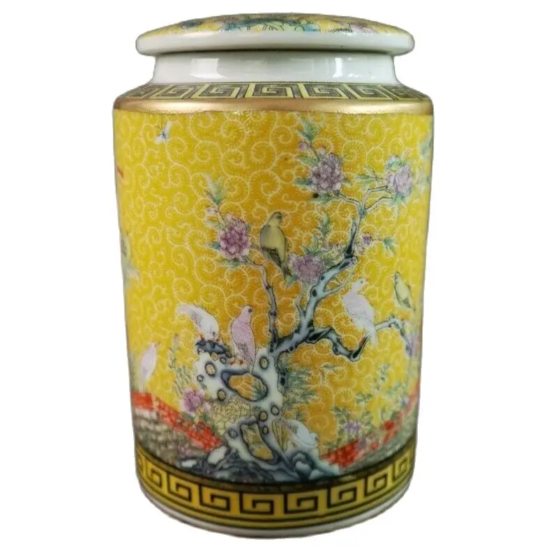 

Chinese Old Yellow Ground Land Pastel Flowers And Birds Patterned Cover Storage Pot Court Porcelain Jar