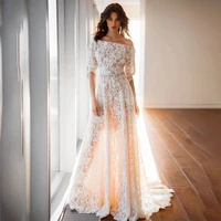 bride gown for woman boho a line crystal sashes bridal gowns puff half sleeves boat neck lace wedding dresses vestido de novia
