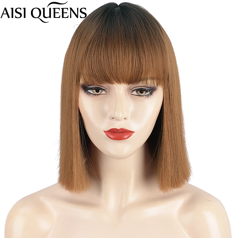 

AISI QUEENS Synthetic Wigs Ombre Brown Short Bob Wigs for Women with Bangs Cosplay/Birthday Part Pink Blue Black Hair