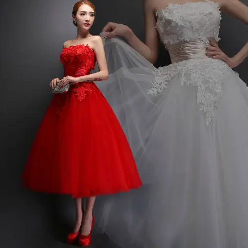 

2015 Hot White/Red Tea Length Wedding Dresses Strapless Sleeveless with Appliques Bridal Party Gowns Custom Made Plus ZY4615