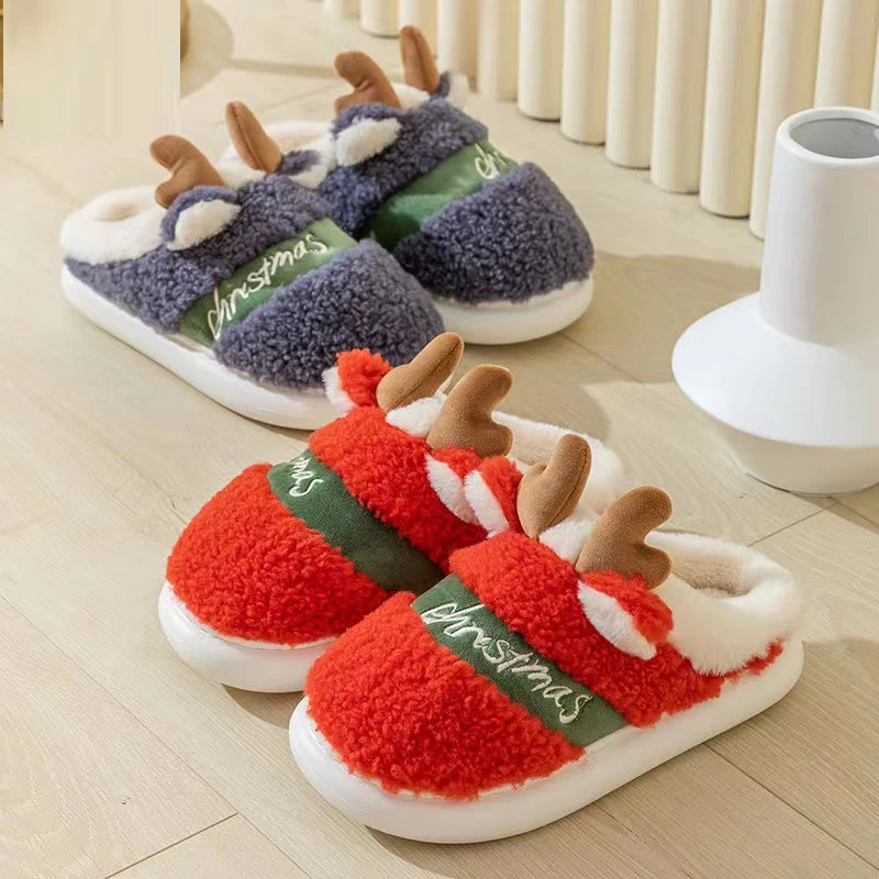 

2021 Couple slippers Women Men Indoor Warm Slipper Soft Plush Home Floor Lovers Winter Platform Shoes Christmas Deer Slippers