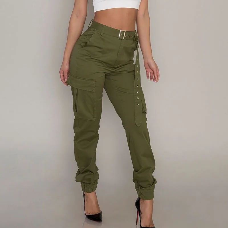 

Spring Autumn Casual Solid Belt Cargo Pant Lady Multi-Pocket Long Pant Women Fashion Sports High Waist Trousers Streetwear Mujer