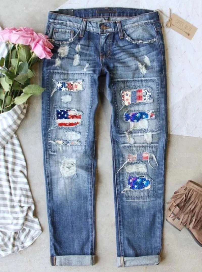 

Fashion Super Stretchy Jeans Woman Worn Out Straight Mid-waist Slim Fit Button Placket Casual Pencil Pants Denim Joggers Women