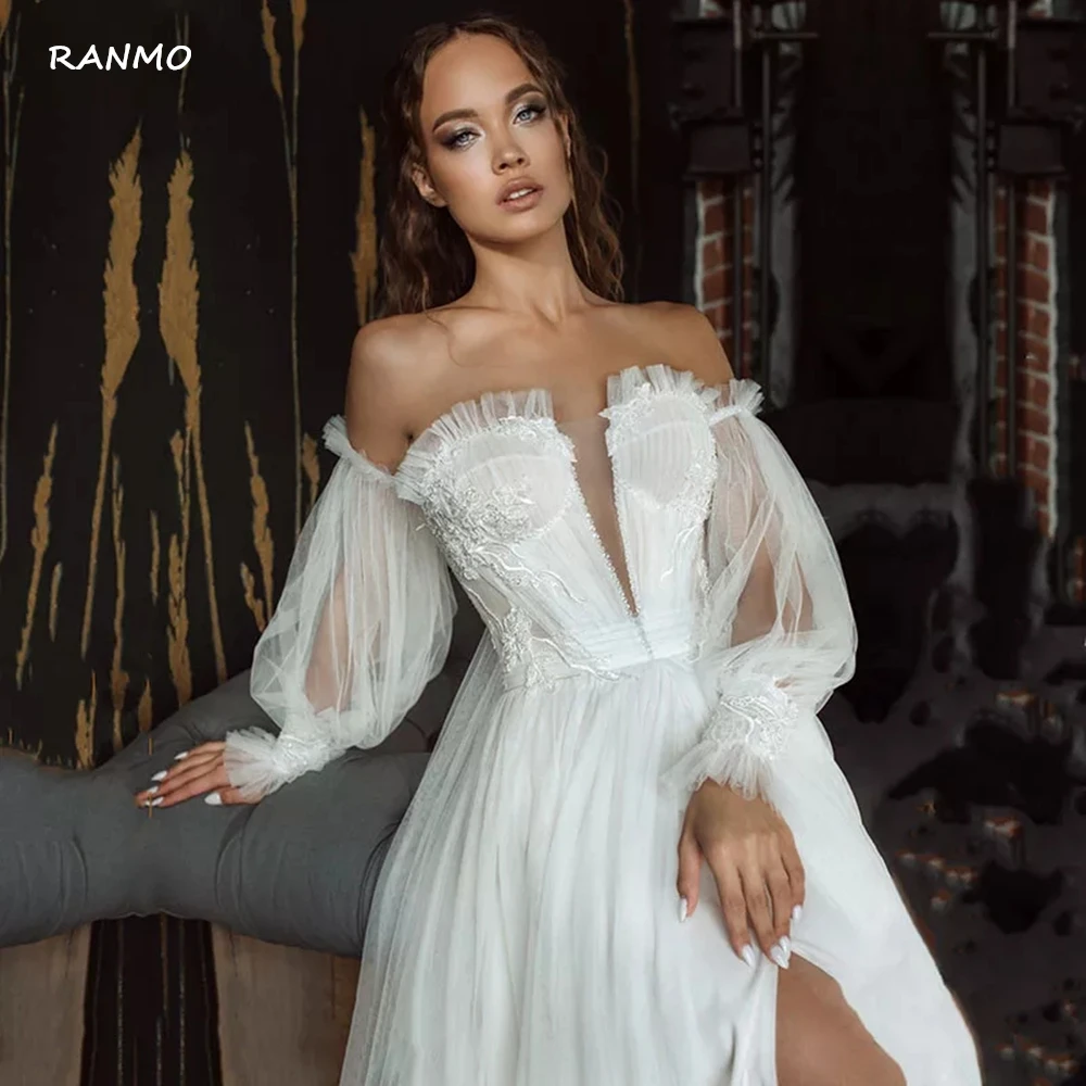

Винтажное свадебное платье RANMO, аппликация со съемными буфами и длинными рукавами, свадебное платье с бусинами, свадебное платье невесты, пл...