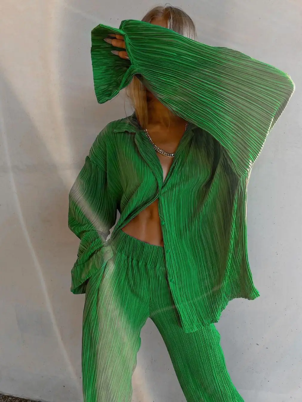 Женский брючный костюм с высокой талией зеленая Повседневная Блузка длинным