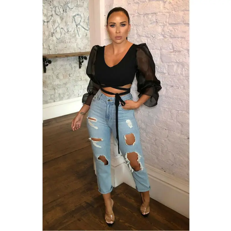 Женская Прозрачная Футболка облегающая Сетчатая футболка с длинным рукавом и