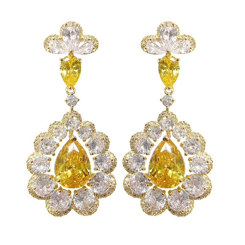

Shining Yellow Crystal Earrings Exaggerated Vintage Flower Water Drop Earrings Women Brand Stud Earrings For Women