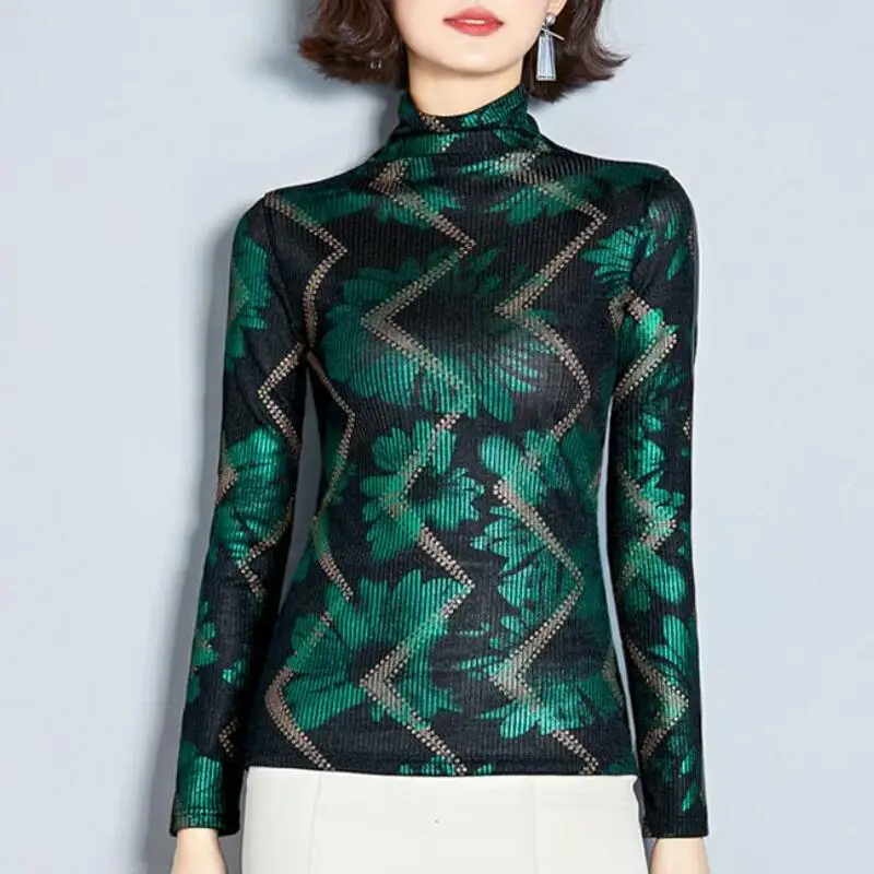 

Fashion Turtleneck Printed Shirt Women Blouses Long Sleeve Slim Womens Tops and Blouses Korean Plus Size Office Camisas Mujer