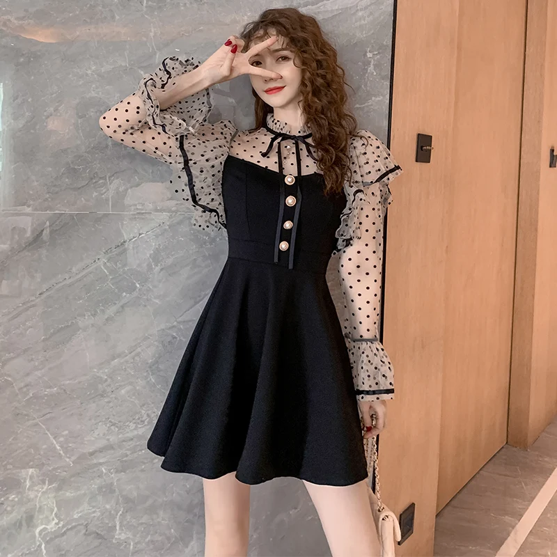 

Spring and Summer New Style Vintage High Waist Dress Mesh Temperament Retro French Dress Patchwork Mesh Polka Dot Dress
