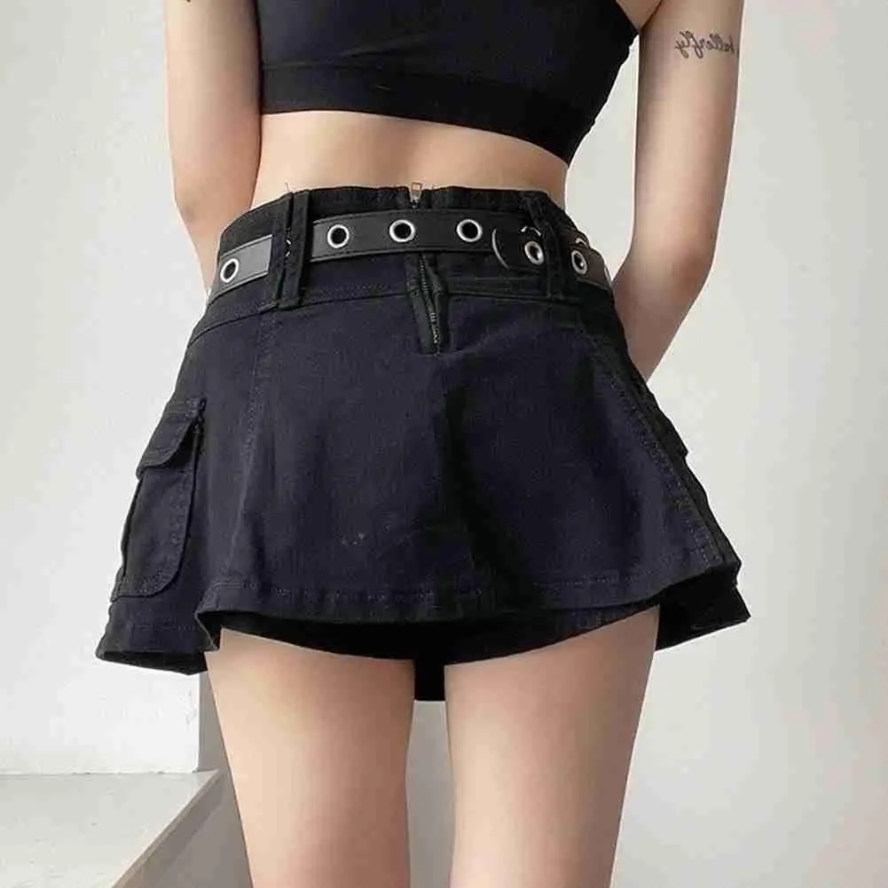 

Y2K Streetwear Pockets Patchwork A-line Denim Skirt Speaker Micro Waist Skirts Low Black