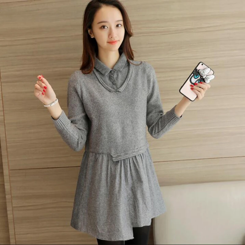 

Women Pullover Autumn Patchwork Shirt Sweater Collar Fake two pieces knitted sweater Fashion Jumper Winter Clothes Women