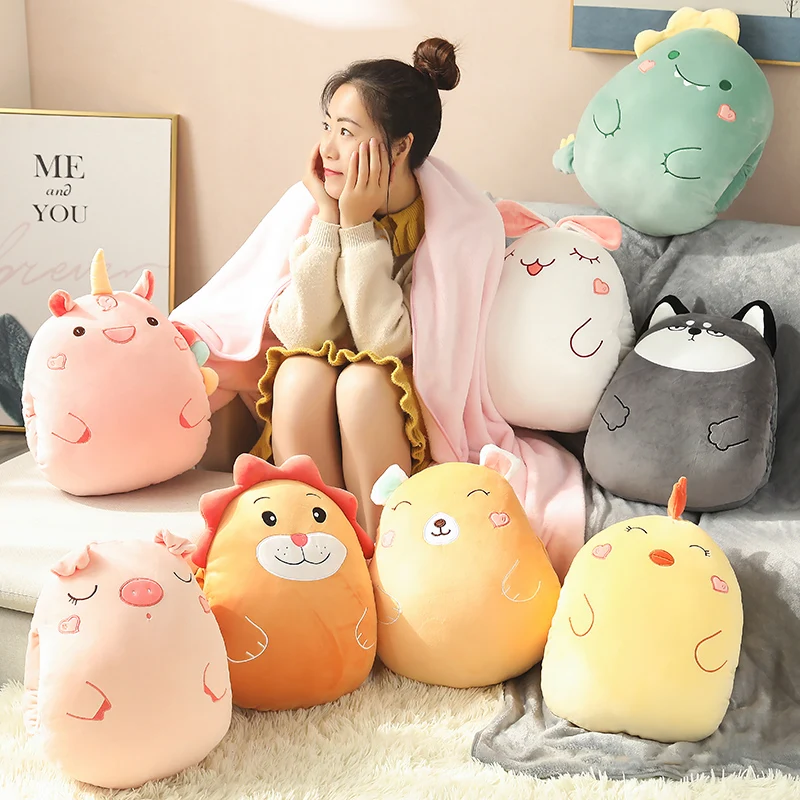

Variety Styles Bear&Lion&Rabbit&Unicorn Plush Pillow With Blanket Soft Cartoon Animal Dinosaur&Pig Stuffed Handwarm Doll Gifts