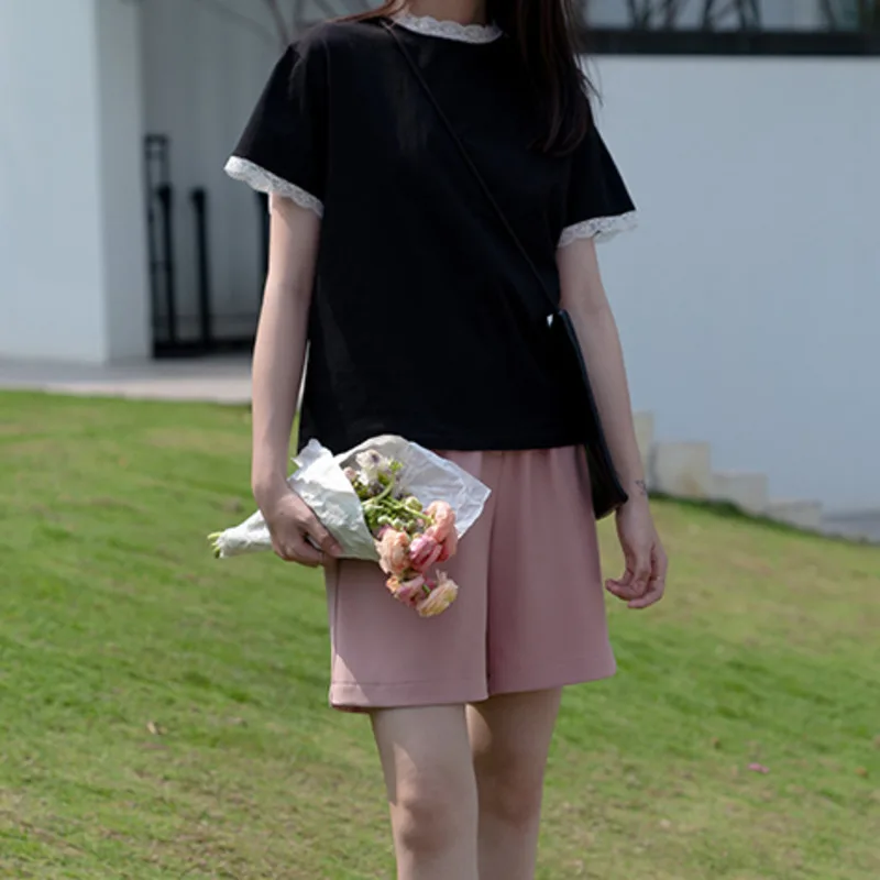 

Summer 2021 New Women Black Sold Bandage Casual Wide Leg Shorts New High Waist Loose Fit Fashion Tide Shorts