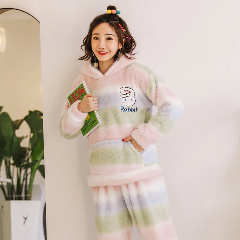2019 зимние женские пижамы теплые утолщенные набор милые уши животные мультфильм с