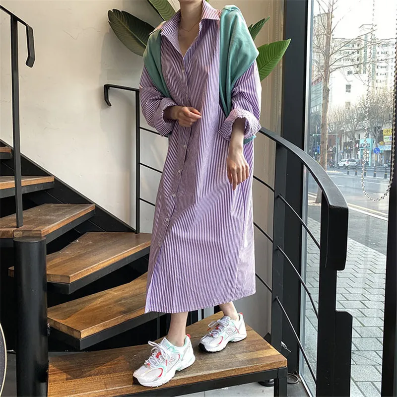 

2021 lapel striped single-breasted slimming shirt dress women