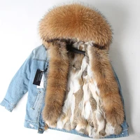 2020 new rabbit fur grass hole cotton denim pie to overcome the long fox fur collar coat winter women